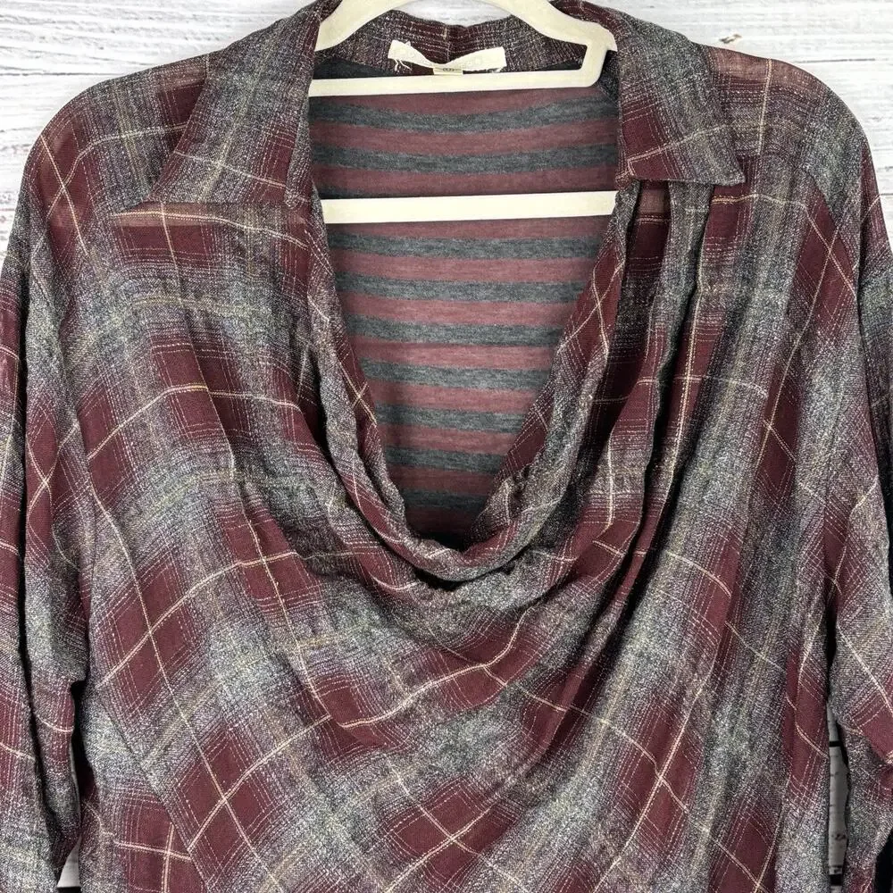 Burning Torch Womens Sz M Red‎ Gray Tartan Plaid Cowl Neck Top Tunic Wool Blend